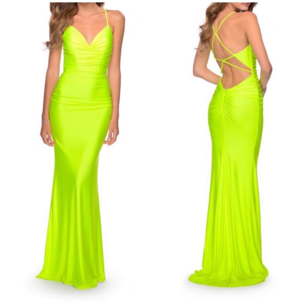 La Femme Neon Yellow Strappy Back Formal Gown